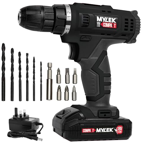 MYLEK MYW09 18V Cordless Drill Electric Screwdriver Set, Powerful Lithium Ion Battery Pack, 18 Volts Combi Driver, DIY Accessory Kit, Black