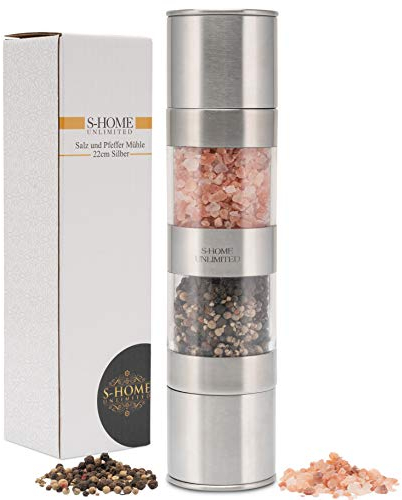 S-Home Unlimited Salz- und Pfeffermühle 2in1 | Edelstahl Gewürzmühle mit Keramikmahlwerk | stufenlos einstellbarer Mahlgrad | für Salz, Pfeffer & Gewürze