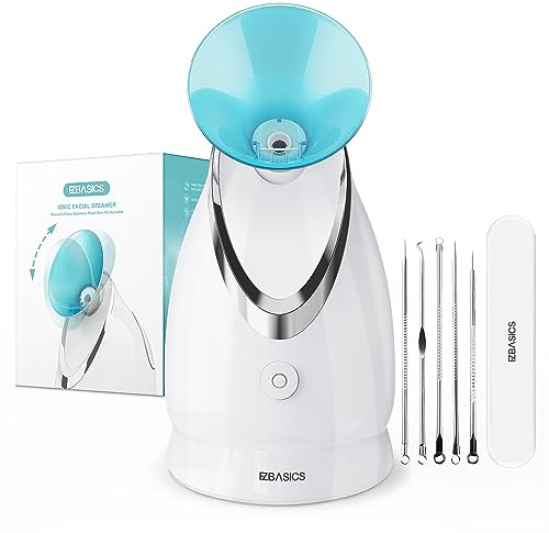 Vaporizzatore Viso Vaporizzatore Facciale Nano-Ionico Sauna Facciale Domestica, Libera Pori, Atomizzatore a Nebbiolina Tiepida, Umidificatore Spa Facciale 1 Pack + 5 Stainless Steel Skin Kit Azzurro