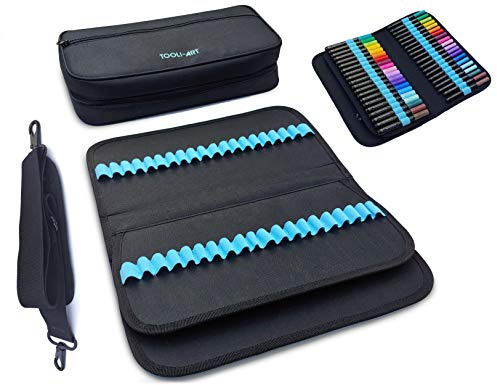 TOOLI-ART Estuche de Transporte para marcadores y bolígrafos, 120 Ranuras, Lienzo, Bolsillos adicionales, Funda para Carro, Correa de Hombro extraíble, para la mayoría de marcadores (hasta 15 mm de