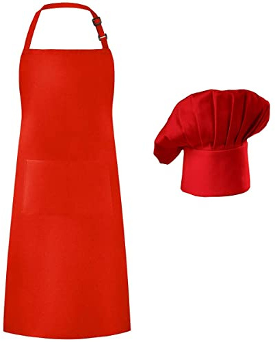 Hyzrz Grembiule da cuoco, cappello da cuoco e cucina per adulti, regolabile, grembiule per costume da panettiere per uomini e donne, regalo per papà, Rosso, Taglia Unica