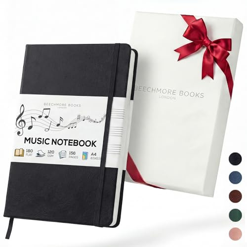 Beechmore Books Cahier de musique A4 (21,6 x 29 cm) – 156 pages, 120 g/m² | Couverture rigide simili cuir, portées perforées, ouverture à plat, coffret cadeau pour musiciens & compositeurs