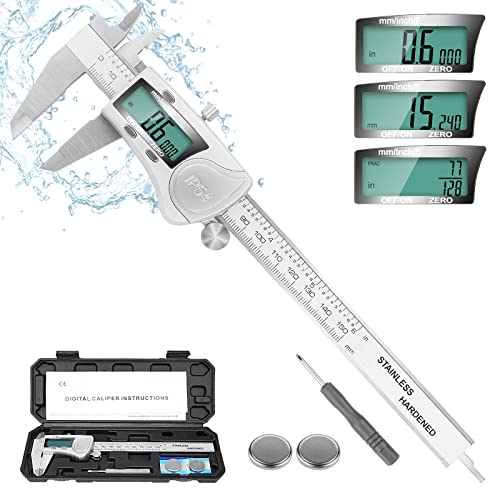 Pied à coulisse numérique, IP54 étanche, micromètre électronique en acier inoxydable avec grand écran LCD, conversion de fraction métrique en pouces, 15,2 cm pour la maison/le bricolage