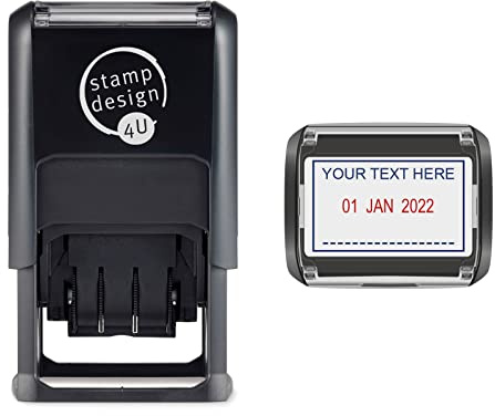 Personalised SD4U Self Inking Word and Date Stamp - Wording at Top of Date in Blue Ink and Dashed Line at Bottom, Date in Red Ink