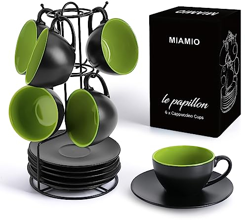 MIAMIO - Ensemble de 6 Tasses à Cappuccino 175 ml - Parois Épaisses en Faïence - Service à Café - Collection Le Papillon (Vert)