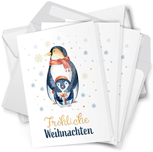 10 Weihnachtskarten Grußkarten zu Weihnachten - Klappkarten mit Umschlägen - Fröhliche Weihnachten Pinguine