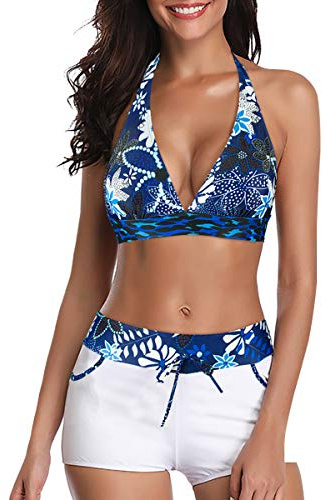 PONCEAU Bikini Damen Set - Push Up Bauchweg Sexy Bademode Tiefer V Ausschnitt Verstellbar Bikinioberteil Zweiteiliger Wickel High Waist Bikinihose Swimsuit