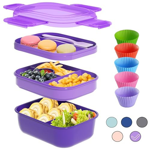 CocoMeiwei Bento Box Adult Lunch Box, Bento Lunch Box with 5 Silicone Cupcake Liners, Leak-proof Bento Lunch Box Containers 3 Tiers 50oz,6compartments Large Capacity for Working Purple