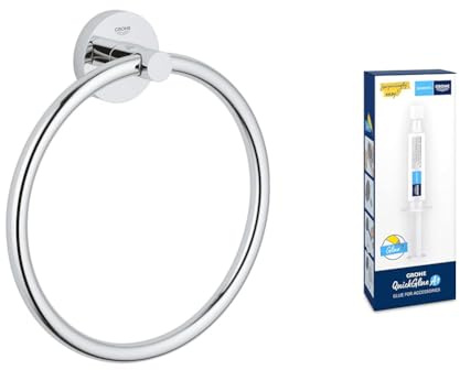 GROHE Start QuickFix Towel Ring & QuickGlue A1 (Metal, Concealed Fastening, Including Screws and Dowels, Easy to Fit), Size 200 mm, Chrome, 41174000