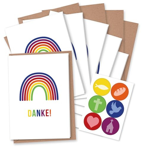 Pappersdrakar, 6 tackkort för kristna fester som dop, konfirmation, firmation – motiv regnbågsmotiv – fällbara kort med kuvert och matchande klistermärken – DIN A6 – set 7