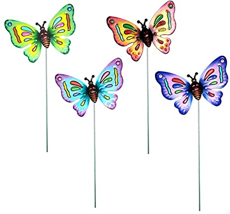 4 Stücke Metall Blume/Libelle/Schmetterling/Biene/Hahn/Vogel Gartenstecker Gartendeko Bunte Metall Blumenstecker Dekorative Gartenpfähle Metall Blumen Garten Dekoration für Outdoor Rasen Hof Set 7