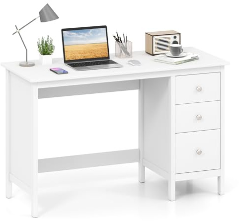 SFAREST White Computer Desk with Drawers, 120cm x 50cm Wooden PC Laptop Study Table, Modern Gaming Writing Workstation for Home Office