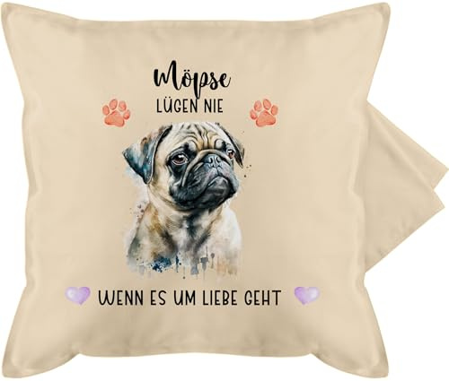 Kissenbezug - Hunde - Mops - Geschenk Hundebesitzern - 50 x 50 cm - Beige Natur - Kissen Motiv personalisierte Geschenke Hundebesitzer sofakissen Deco Hund hundemotiv kopfkissen personalisiertes