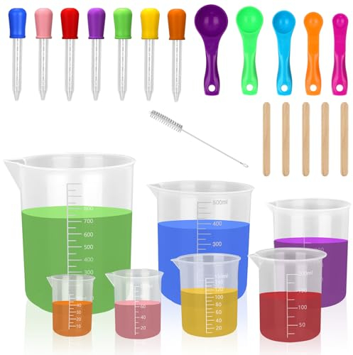 Furuising 7 Piezas Vaso Medidor de Transparentes, 1000/500/250/200/150/100/50ml Jarra Medidora Plastico, Vasos Medidores Cocina con Gotero y Cuchara de Medición para Laboratorios Cocinas Hornear