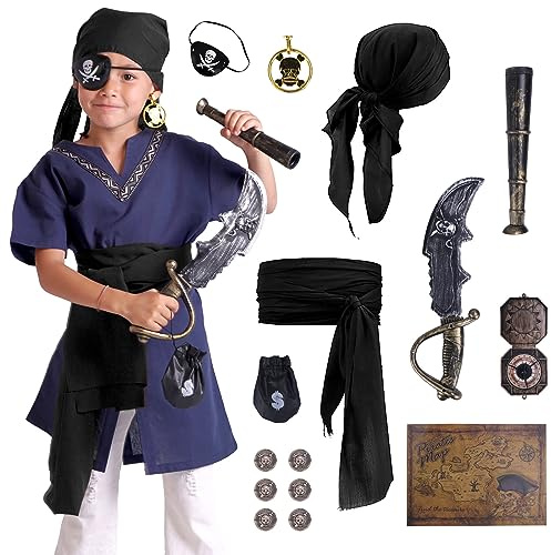 CoolChange Costume da pirata per bambini, con bandana, fascia per gli occhi, sciabola, binocolo, bussola e biglietto del tesoro | nero, rosso, rosso vino, Nero , Taglia unica