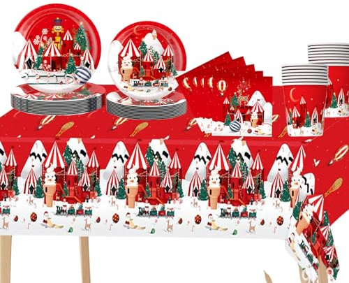 69 Pièces Noël Vaisselle de Fête,Assiettes Carton Jetable Tasses Serviettesr en Papier et Nappe Plastique,Casse Noix Vaisselle Recyclable Kit Decoration Célébrer Noël Fournitures de Fêtes