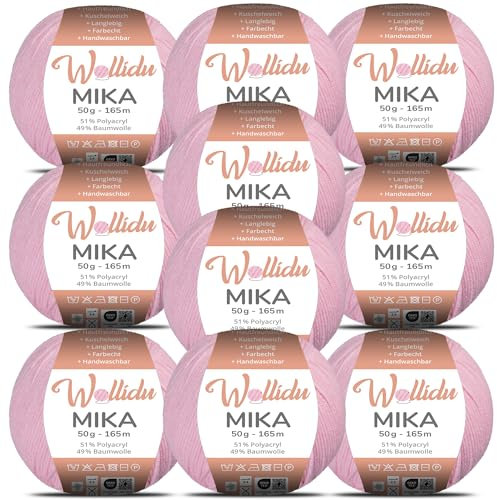 Wollidu Mika 51% Polyacryl 49% Baumwolle zum Häkeln und Stricken 10x 50g/165m Oeko-Tex Strickgarn Häkelgarn - Babyrosa