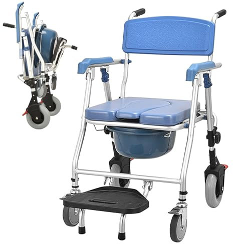 VFDZ Chaise Percée à roulettes, Chaise de Douche avec roulettes Pliante, Chaise Roulante Handicapé, Chaise Pot avec Accoudoirs pour Personnes Âgées, Capacité Portante 150kg