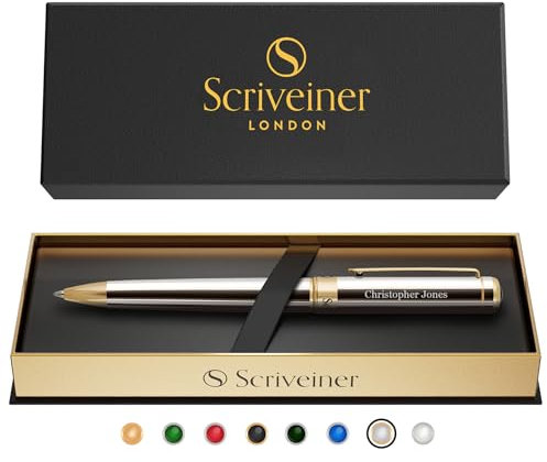 Scriveiner Silber Chrom Personalisierter Stift - Atemberaubende Luxus Gold Finish, Schmidt Tintenmine, Beste Gravierte Kugelschreiber Geschenk-Set, Individuelle Namensgravur