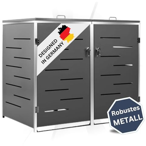 DELUKE 2er Mülltonnenbox JAGU Edelstahl | Anthrazit | 115,5x138x77,5cm | Mülltonnenverkleidung für 2 Tonnen 240L Müllbox aus Metall Mülltonnenschutz Mülltonnendach
