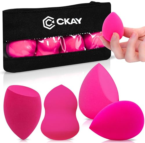 CKAY® Lot de 4 éponges de maquillage pour visage professionnel + étui de rangement | Beauty Blender éponges maquillage visage professionnel éponge sans latex