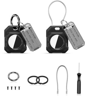 PROfezzion Secure Air Tag Holder with Metal Wire Cable, Key Rings & Key Tag | 2-in-1 Design, Air Tag 2nd & 1st Gen Hard Case, Allen Key Locking, for Keychain Dog Collar Luggage Bag Backpack & More
