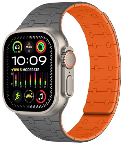 Magnetic Straps Compatible with Apple Watch Band 49/46/45/44/42/41/40/38mm Women Men, Sport Silicone Strap for iWatch Ultra 3/2/1 Series 11 10 9 8 7 6 5 4 SE3/2/1 (49/46/45/44/42, Gray/Orange)