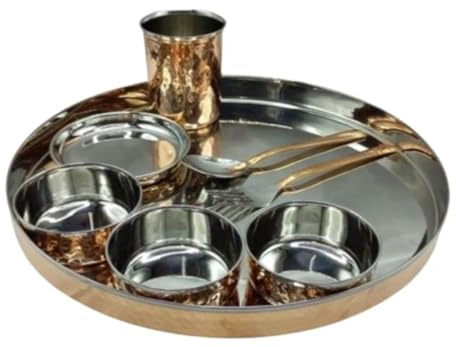 Traditional Indian copper-steel thali set | dinnerware set | Thali plate, bowls, glass, fork and spoon