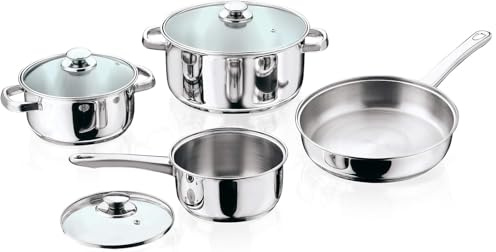 Nobel Stainless Steel 7-Piece Cookware Set,18/24cm Casserole,16 cm Sauce pan with Vented Glass Lids, 24cm Fry pan, Induction Compatible,