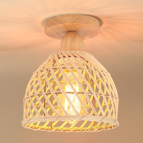 iDEGU Lámpara de Techo Retro de Madera y Bambú E27 Iluminación Pantalla de Jaula Ratán Boho Lámpara Colgante Vintage para Dormitorio Salón Cocina Pasillo (20cm)