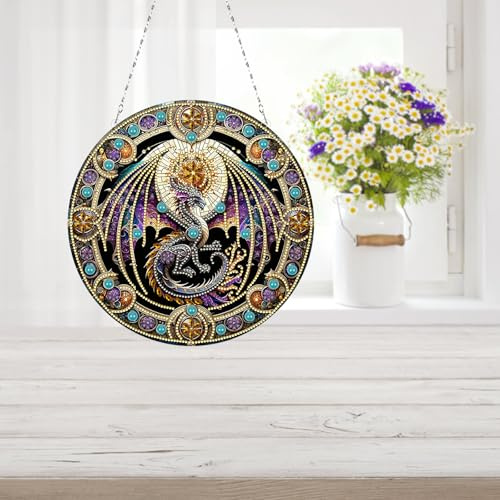 Amiiba Diamond Painting Hanging Kits Purple Dragon, 5D Diamond Art Double Sided Hanging Plaques DIY Ornament Pendants Decorations (Purple Dragon)
