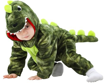 LOLANTA Unisex dinosauriedräkt för bebis, djurdräkt med huva för barn, flanelldräkt, Färgad grön, 2-3 ans
