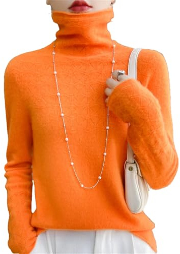 Vsadsau Suéter de cuello de tortuga de lana de merino 100% para mujer, suéteres de punto hueco de manga larga, naranja, M