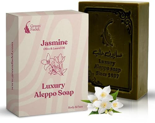 GREEN FADEL Aleppo Seife Luxury mit Jasmin Aroma, 1 Stück, Original Aleppo Seife Olivenöl & Lorbeeröl, Olivenölseife, Naturseife, für Gesicht & Körper