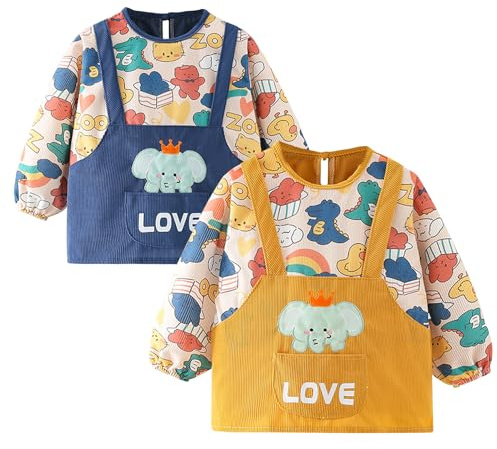 Happy Cherry - Jungen Cord Lätzchen mit Langarm Ärmeln Baby Mädchen für Essen Fütterung Spielen 2 Stück Kinder Ärmellätzchen Wasserdicht für Schule Kindergarten Kleinkind Malschürze - 2-3 Jahre