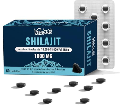 Shilajit Tabletten 30.000 mg Hochdosiert, Reine, aus 18.000 Fuß Höhe Himalaya, Reich an Fulvosäure und über 85 Mineralien, 1000 mg pro Portion (60 Tabletten)