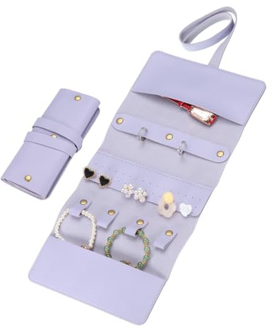 QUARKZMAN Reise-Schmuckrolltasche, faltbarer Reise-Schmuckorganizer, tragbare Schmucktasche für Reisen, Ringe, Halsketten, Ohrringe, Armbänder, Schmuckaufbewahrung, Lila