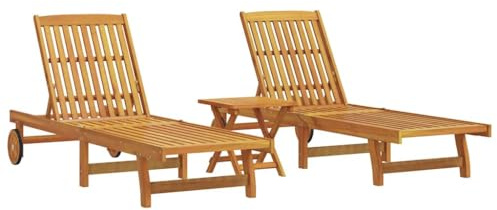 vidaXL Chaises Longues Lot de 2 avec Table Bois Massif d'acacia, Bain de Soleil, Chaise Longue de Jardin, Chaise Longue inclinable