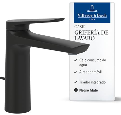 Villeroy & Boch Oasis Waschtischarmatur, mit Zugstange, 114 mm – Schwarz | Keramikkartusche, wassersparend, pflegeleicht, rundes Design, TVW115001000K5
