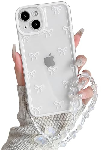 NITITOP for iPhone 14 Plus Case Cute Clear Bow Chain,White