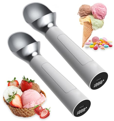 Electric Heated Ice Cream Scoop, Rechargeable Thermostatic Icecream Scooper with Temperature Control, Led Digital Display, 2 Oz Capacity, Waterproof, Easy Clean, for Dessert Shop, Home 2PCS