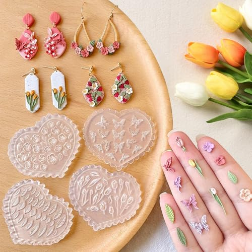4 moldes de arcilla polimérica: moldes de arcilla seca al aire con flores, mariposas, rosas y hojas, joyería reutilizable de alta temperatura para aretes con cortadores de polímero
