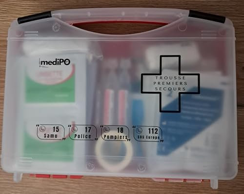 MediPO Trousse de Premiers Secours, 2-4 Personnes, Kit Médical avec Couverture de Survie, Pansements, Compresses, Bandes, Désinfectant, Serum Phy, Arnica, Ciseaux, Pince à Echarde