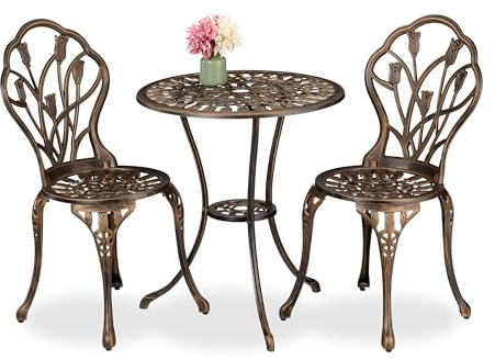 Relaxdays Gartenmöbel Set 3-teilig, Tisch, 2 Stühle, Aluguss, Balkonmöbel Antikdesign, Garten Sitzgruppe, schwarz/Bronze