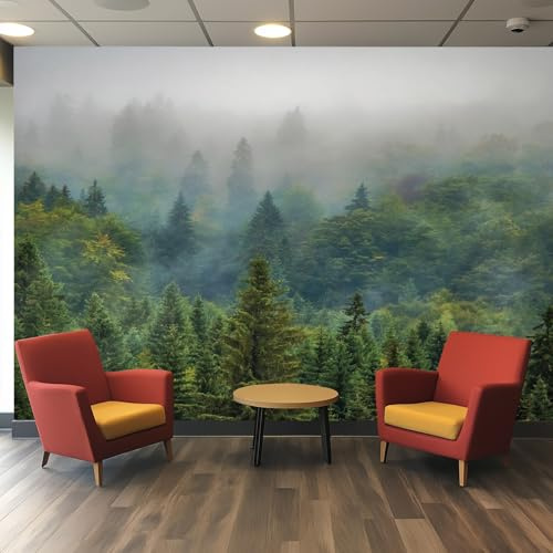 Wallpaper Misty Forest Wall Mural, Nature Landscape Woodland Tree Forest Photo Wallpaper for Living Room Bedroom, 350 x 256 cm