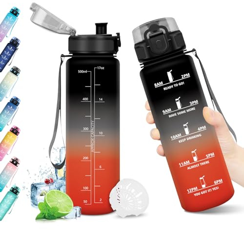 Bouteille d'eau 500ml, Gourde Enfant avec Filtre, Gourde Sport Étanche, Gourdes avec Marqueur de Temps, Bouteille Reutilisable, Gourdes Motivation Idéale pour Yoga, École, Bureau, Randonnée
