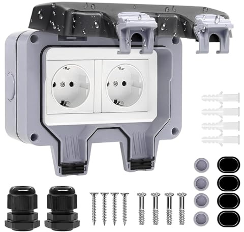 Prise extérieure étanche, prise résistante aux intempéries IP66 avec montage en surface, prise murale extérieure 16A avec couvercle articulé, prise de jardin à 2 compartiments pour pièces humides