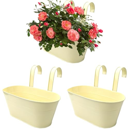 Roellgs 3Pcs Metal Hanging Flower Pots, 28.5cm Large Plant Pots Hanging Flower Bucket with Detachable Hook for Balcony Fence Garden Home Decor (3, White)