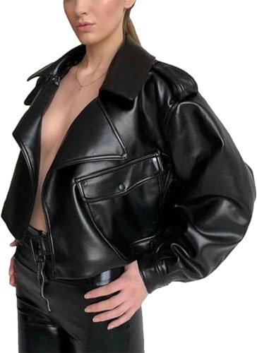 Giacca da motociclista da donna Streetwear allentata in finta pelle vintage femminile retrò cintura cerniera manica lunga motociclista, Nero , S