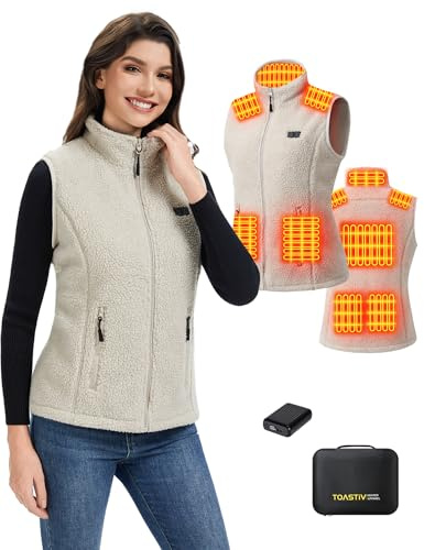 Toastiv Heizweste Damen mit Powerbank 7.4V 18400mAh，Fleece Wärmeweste - Waschbar Beheizte Weste für Outdoor & Alltag,Beige,S